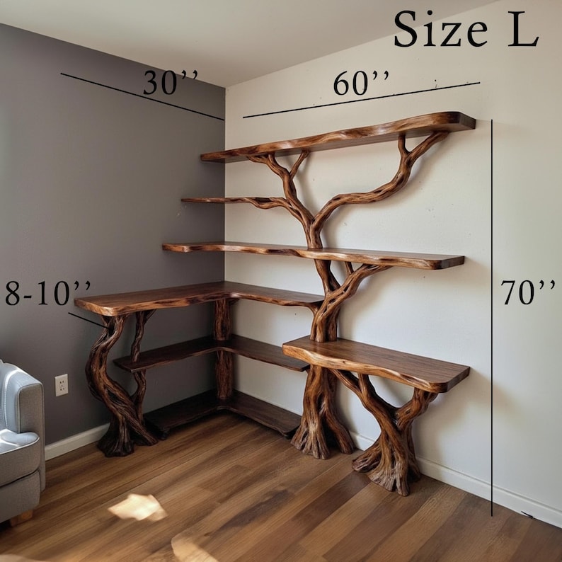 Aurenroot Corner Tree Branch Solid Wood Floating Bookshelf