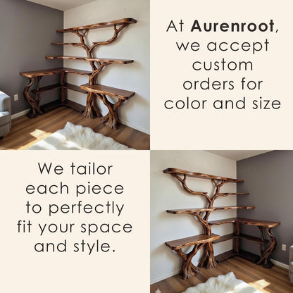 Aurenroot Corner Tree Branch Solid Wood Floating Bookshelf