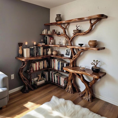Aurenroot Corner Tree Branch Solid Wood Floating Bookshelf