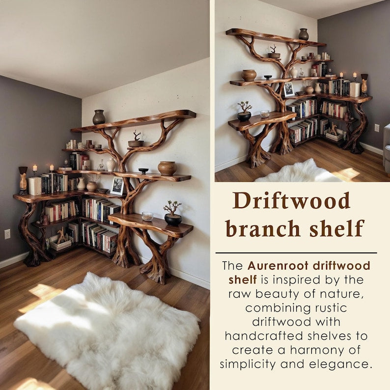 Aurenroot Corner Tree Branch Solid Wood Floating Bookshelf