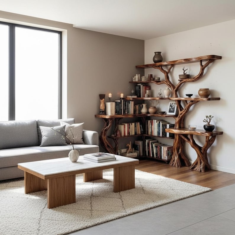 Aurenroot Corner Tree Branch Solid Wood Floating Bookshelf