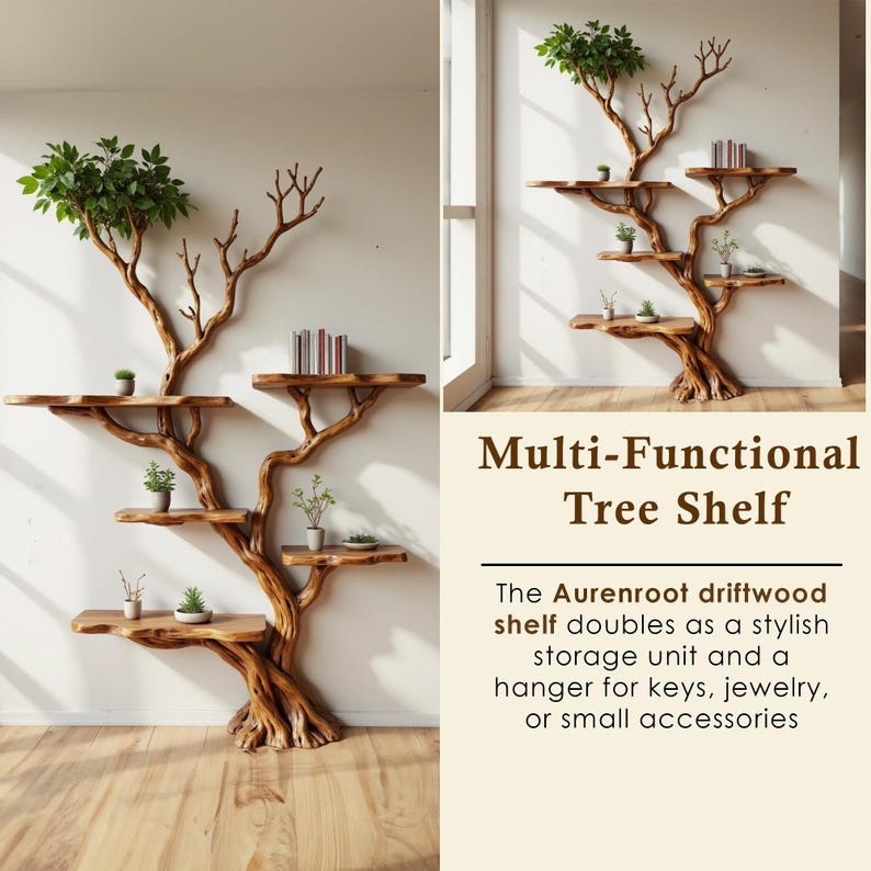 Solid Wood Driftwood Tree Branch Wall Mount Floating Shelf