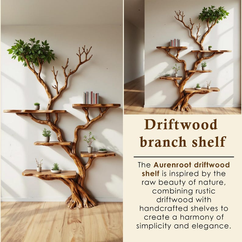 Solid Wood Driftwood Tree Branch Wall Mount Floating Shelf