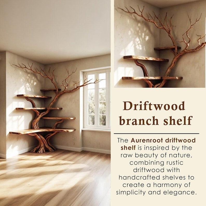 Aurenroot Corner Tree Branch Solid Wood Floating Bookshelf