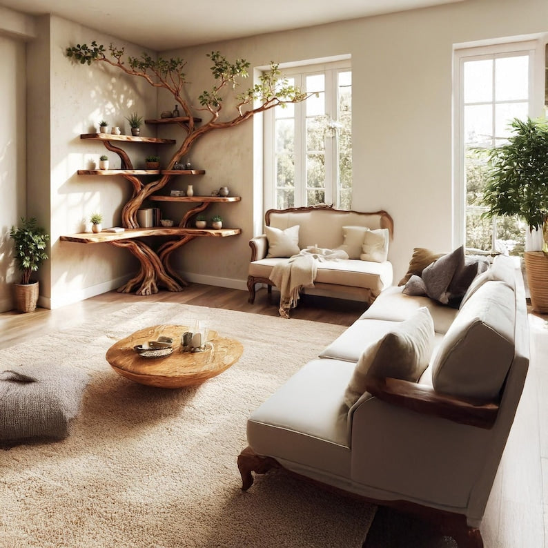 Aurenroot Corner Tree Branch Solid Wood Floating Bookshelf