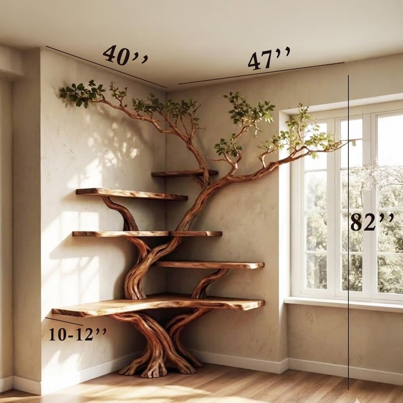 Aurenroot Corner Tree Branch Solid Wood Floating Bookshelf