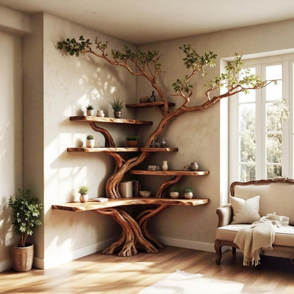 Aurenroot Corner Tree Branch Solid Wood Floating Bookshelf