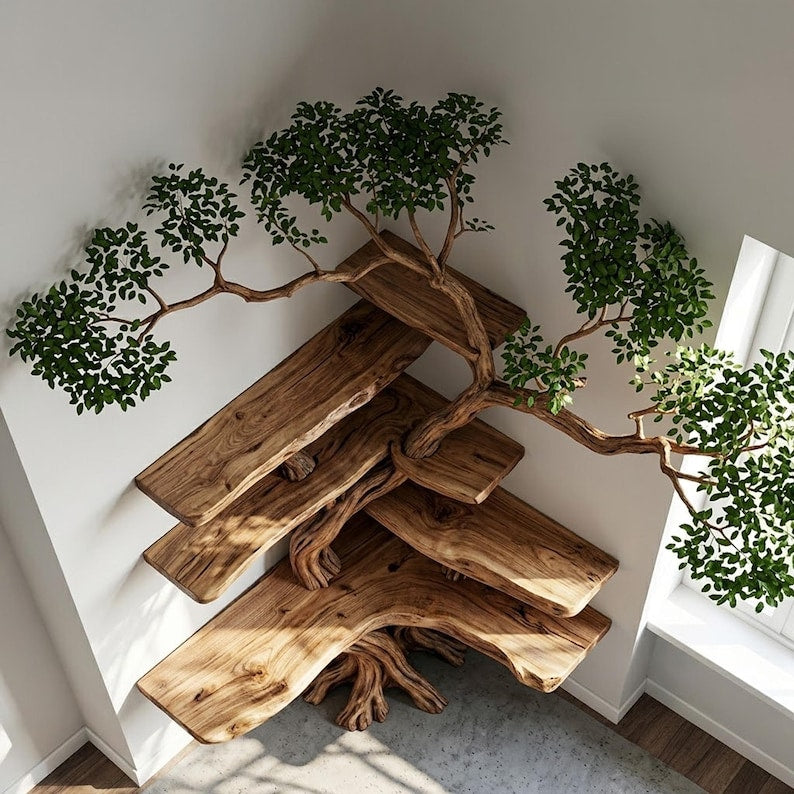 Aurenroot Corner Tree Branch Solid Wood Floating Bookshelf