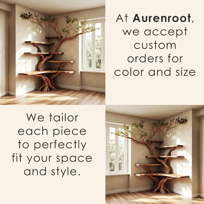 Aurenroot Corner Tree Branch Solid Wood Floating Bookshelf